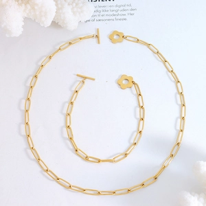 Gold paperclip chain jewelry set with OT flower toggle clasp necklace and bracelet