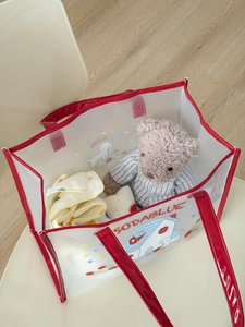 Transparent PVC tote bag with cute house dog print and red leather trim handles