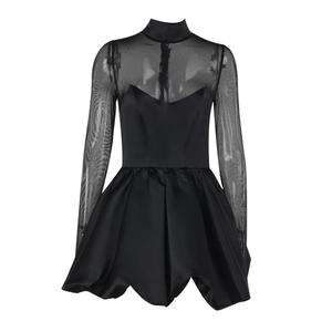Elegant black fitted dress with mesh long sleeves and a bubble hemline on white background