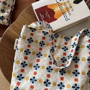 Floral embroidery cotton linen canvas underarm bag with vintage minimalist design