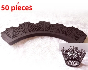 Detail of 50-piece laser-cut black spider web cupcake wrappers for Halloween party decor