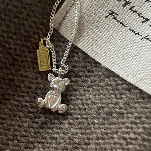925 Sterling Silver Bear Pendant Necklace For Women Two Tone Gold Silver Love Tag Personalized Minimalist Retro Jewelry Gift