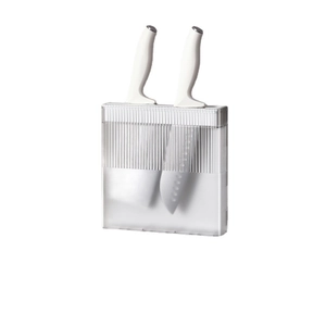Vertical striped kitchen knife holder and organizer set with sleek white handle knives