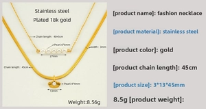 Detail of 18K gold-plated gingko leaf pendant and layered pearl necklaces on a spec sheet