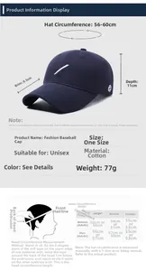 Size chart showing baseball cap dimensions with 56-60cm circumference and measurement guide