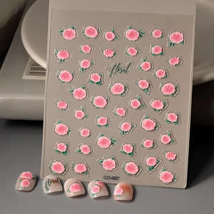 5D Relief Nail Stickers Pink Rose Floral Design Self Adhesive Waterproof Elegant Sweet Manicure Decals For Women