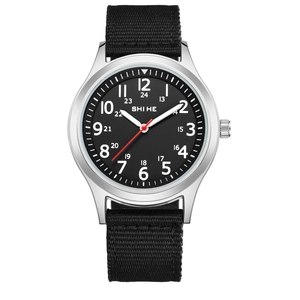 Men's military quartz watch with black nylon strap and silver stainless steel case