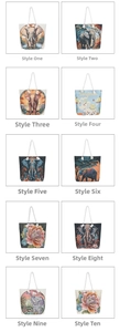 Close-up of ten canvas tote bag designs featuring elephant and floral embroidery prints
