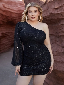 Women Plus Size One Shoulder Sequin Party Dress Sexy Ruched Long Lantern Sleeve Backless Bodycon Evening Midi