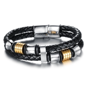 Men's two-tone magnetic clasp bracelet with black braided leather and gold accents