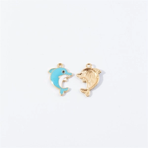 Front and back detail of blue enamel dolphin charms with gold alloy metal borders
