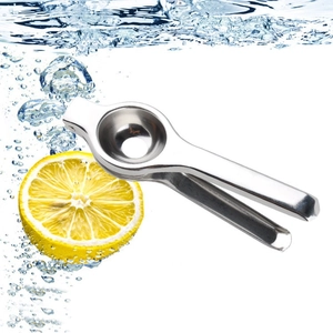 Macro shot of stainless steel lemon squeezer submerged in bubbly water with lemon slice