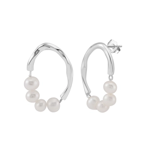 S925 sterling silver curved tube earrings with baroque freshwater pearls in silver finish