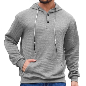 Men's grey herringbone hooded sweatshirt with button collar and kangaroo pocket