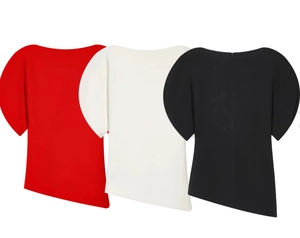 Short sleeve tops for women with asymmetric hem in red, white and black colors