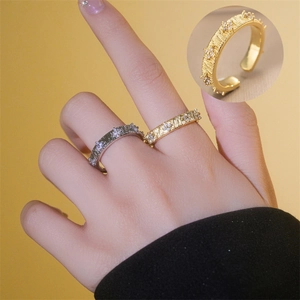Vintage Copper Adjustable Open Ring For Women With Zircon Inlay Brushed Texture Gold Plated Minimalist Retro Style Jewelry