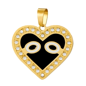 Detail view of heart-shaped gold pendant with black enamel evil eye and sparkling rhinestones