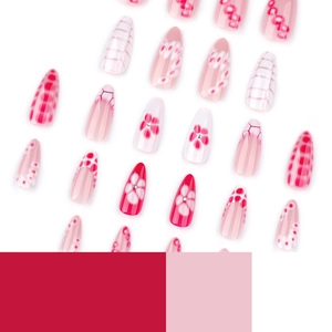 Short almond press on nails with red floral designs and grid patterns for women