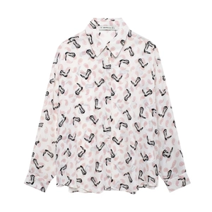 Women Long Sleeve Blouse Vintage Paisley Boot Print Lapel Collar Button Down Polyester Shirt Retro Casual Top
