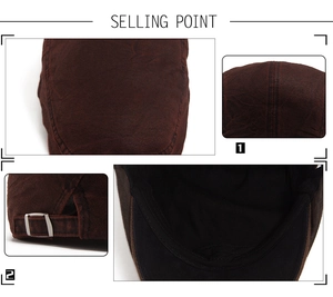 Detailed view of dark brown newsboy cap stitching and adjustable silver metal buckle