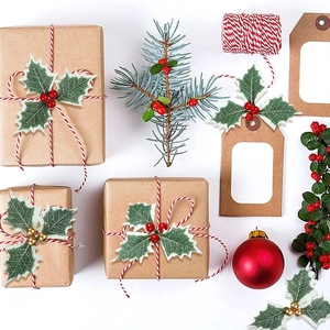 Artificial red berries and holly leaves for DIY Christmas tree and wreath decoration