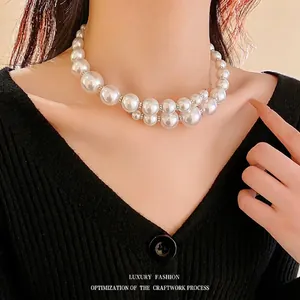 Layered Faux Artificial Pearl Choker Necklace With Alloy Spacer Beads Retro Elegant Clavicle Chain For Women