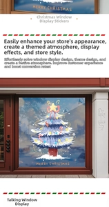 Detail of Christmas tree window sticker with Merry Christmas text on glass shop door