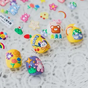 Nail Art Stickers 5D Embossed Adhesive Back Cartoon Bear Rabbit Rainbow Designs For DIY Manicure Pretty Lovely Colorful