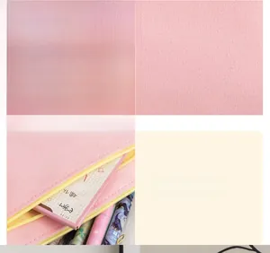 Close-up of pink canvas pencil case with yellow zipper and detailed stitching