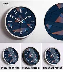 Modern industrial wall clock detail featuring dark blue dial and three metal frame finishes