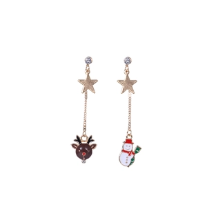 Detailed view of asymmetric Christmas earrings with elk, snowman and golden stars