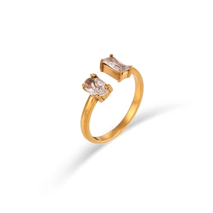 Bague ouverte en acier inoxydable doré avec deux pierres de zircone rectangulaires