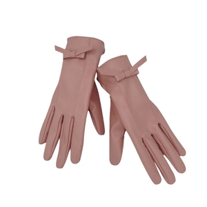 Guanti invernali rosa in pelle PU per donna con decoro a fiocco e design touch screen