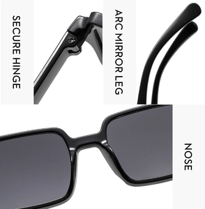 Detail view of secure metal hinges and arc mirror legs on black square sunglasses