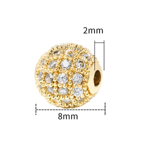 Golden micro-pave zircon round bead with 8mm diameter and 2mm hole for DIY jewelry