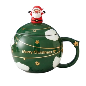Green sphere ceramic Christmas tree mug with Santa lid and gold Merry Christmas print