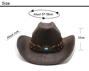 Detailed view of dark brown western cowboy hat showing size measurements and turquoise buckle