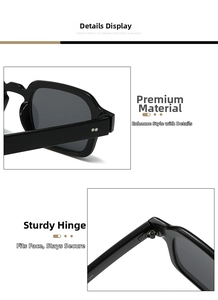 Close-up of glossy black square sunglasses frame showing metal hinge and 145 size engraving