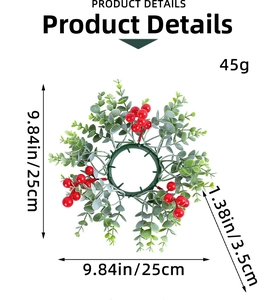 Detail view of 25cm artificial Christmas candle ring with red berries and eucalyptus leaves