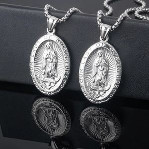 Stainless Steel Virgin Mary Pendant Necklace Our Lady Of Guadalupe Oval Religious Vintage Jewelry For Men Women