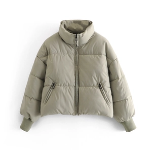 Detail of olive green puffer jacket featuring stand collar and ribbed cuffs design