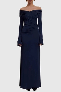 Detail of navy blue off-shoulder evening gown featuring elegant ruched slim fit texture