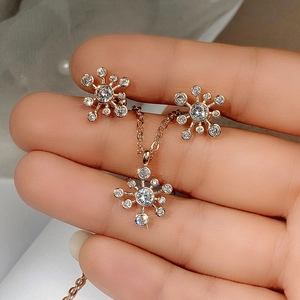 Detailansicht eines roségoldenen Schneeflocken-Schmucksets mit glänzenden Edelsteinen