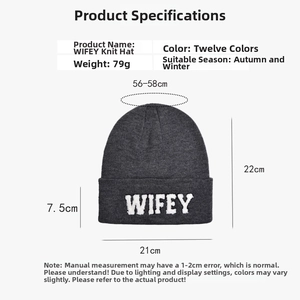 Detail view of WIFEY knitted hat with precise measurements for circumference and weight