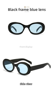 Detail view of oval retro sunglasses with thick black frames and light blue lenses