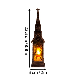Detail view of the brown church Christmas lantern with warm deer and forest light silhouettes