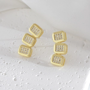 Vertical geometric gold rectangle drop earrings with sparkling crystals for women