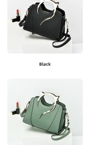 Detail showing two fashion handbags with cat-ear metal handles in black and green colors