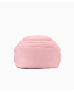 Detailed bottom view of pink nylon school backpack showing reinforced stitching and base