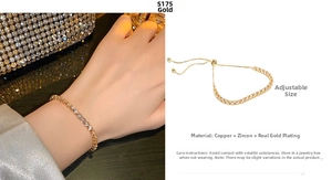 Close-up of adjustable gold-plated tennis bracelet with sparkling cubic zirconia stones